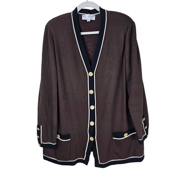 St. John Santana Knit Brown Knit Cardigan 14 Black Trim Gold Button Quiet Luxury